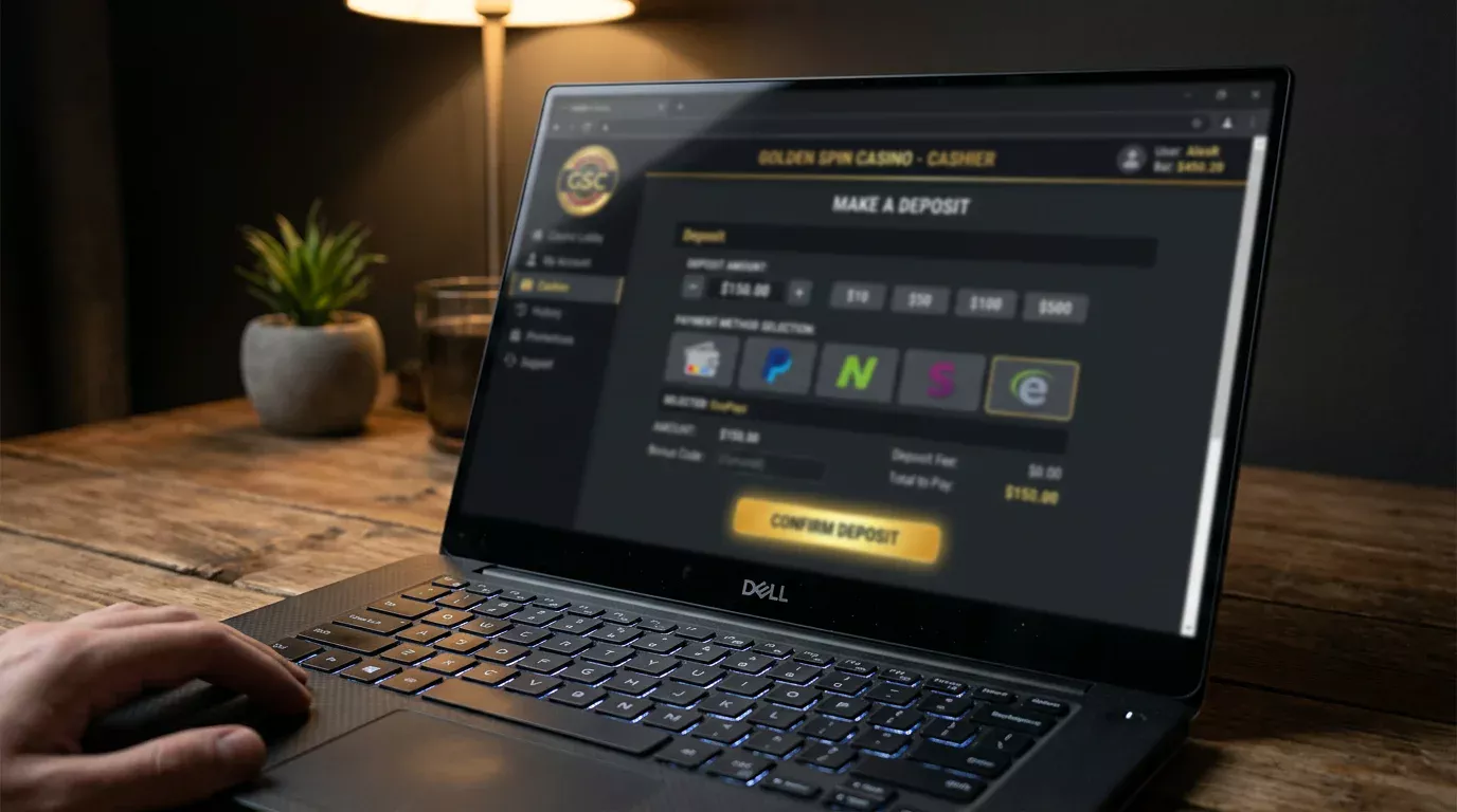 Laptop z witryną kasyna online i ekranem wpłaty
