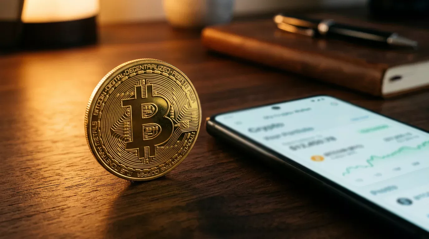 Fizyczna moneta Bitcoin obok smartfona z portfelem elektronicznym