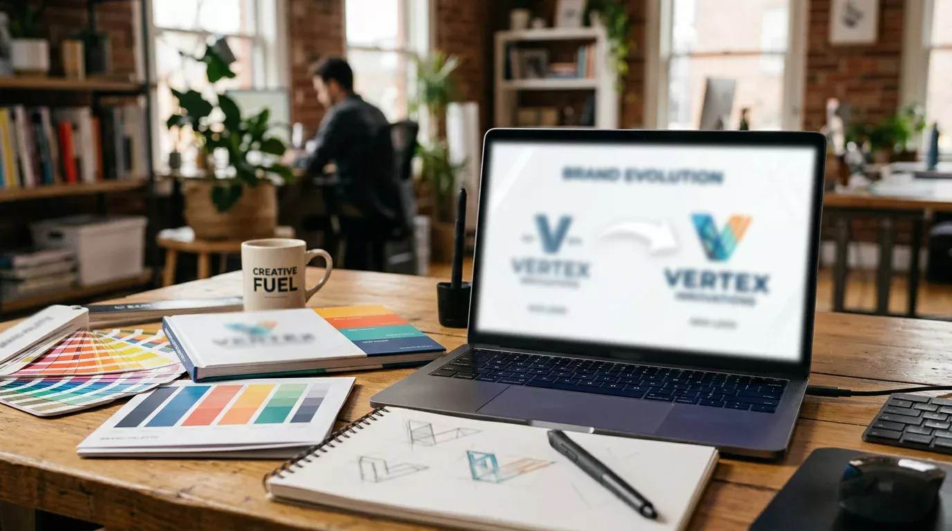 Proces rebrandingu marki fintech z nowym logo na ekranie