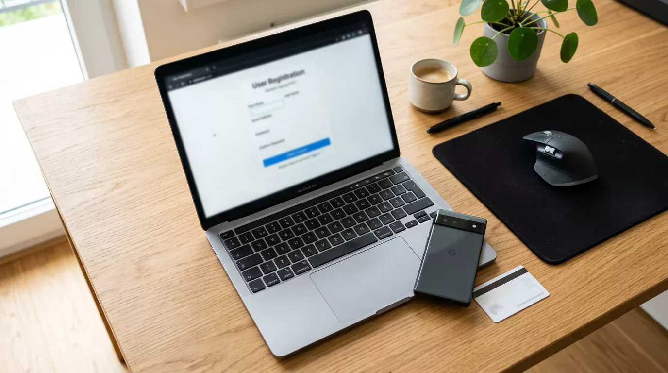 Formularz rejestracji na ekranie laptopa z dokumentem tożsamości